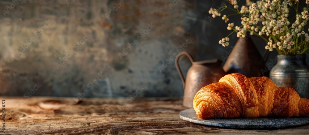 Poster french bakery meal with a fresh croissant on the table set against a rustic background with copy spa