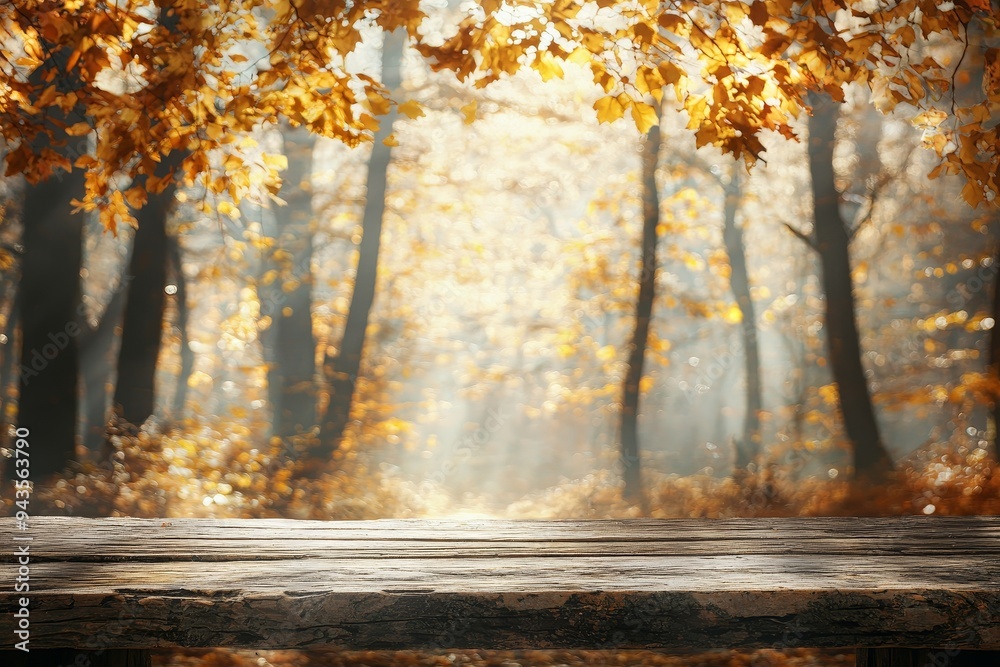 Poster mock-up of an empty wooden table with autumn leaves for a catering or food background with a country