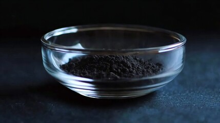 Close-up of a glass bowl filled with finely ground black powder against a dark background.