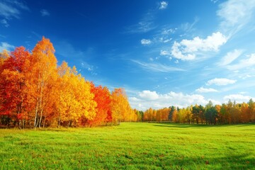 Colorful autumn scenery with yellow trees and sun. Colorful foliage in the park, falling leaves natural background.