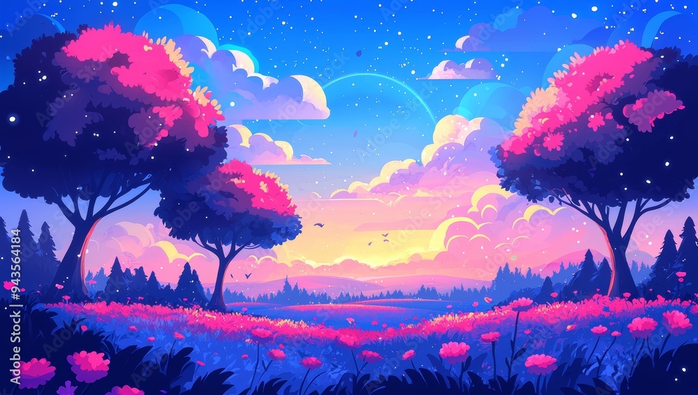 Poster 3d illustration of an evening on a blooming meadow with trees and shrubs under a pink cloudy sky