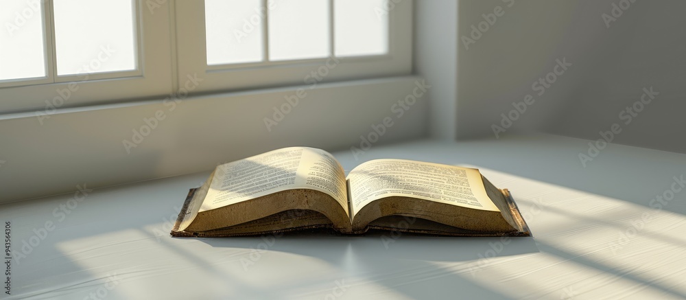Fototapete an image showing an open book placed on a white table with copy space around it