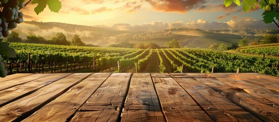 A wooden table provides a blank background featuring a vineyard landscape in a winery offering ample copy space for displaying wine products against the picturesque vineyard backdrop