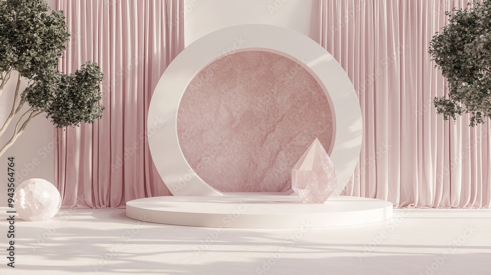 Poster This abstract podium backdrop features iridescent gem stones. This is a 3D rendering.