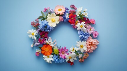 A delicate floral wreath in a circular pattern, featuring a variety of colorful flowers arranged in a harmonious design
