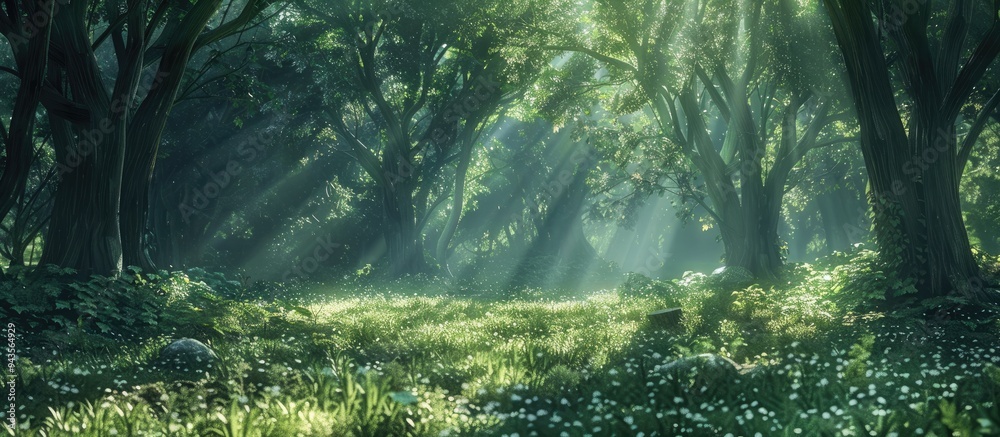 Aufkleber tranquil woodland scene with sunlight filtering through dense green forest creates a peaceful ambian