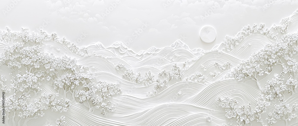 Aufkleber the background is a natural landscape with trees and flowers. a modern japanese pattern based on tre