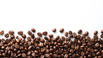 Coffee beans scattered on pure white background, roasted coffee beans border, rich brown colors, varying shades and textures, close-up macro photography.