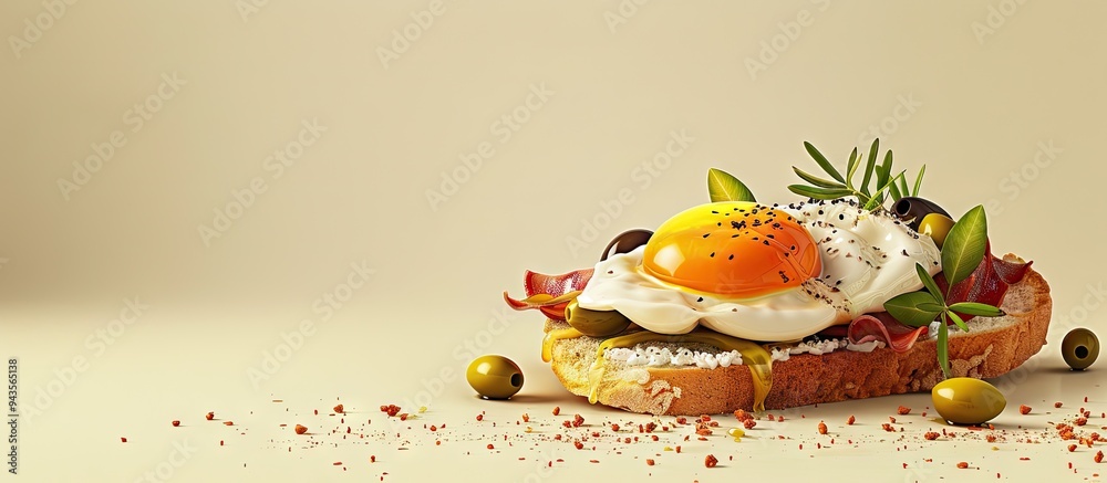 Poster An enticing image of a fried egg on toast with a variety of spreads including olives and jam set against a plain background with ample space for text