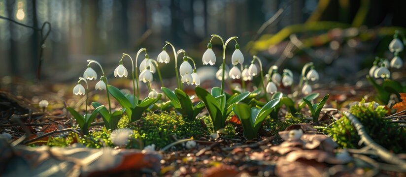 Spring snowflakes Leucojum vernum blooming amidst a natural forest backdrop creating an enchanting scene with copy space image