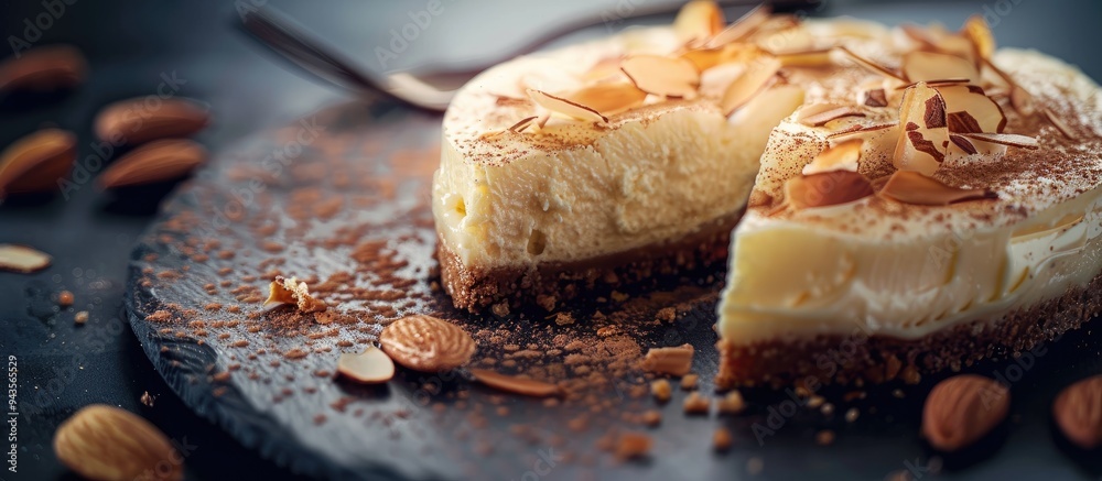 Poster a delicious cheesecake adorned with scattered almond flakes displayed in a tantalizing arrangement w