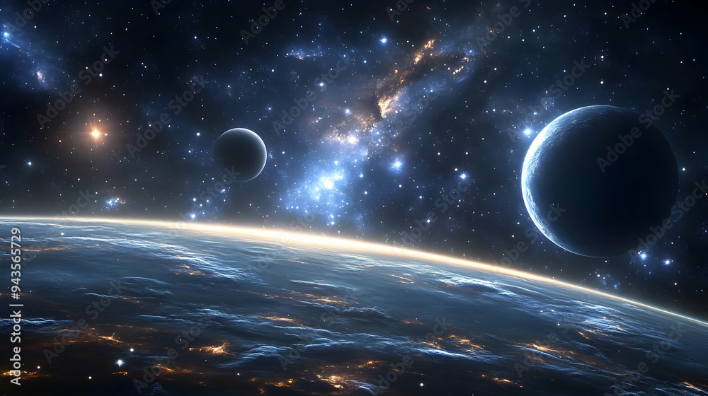 Wall mural A distant planet viewed from space with a nebula and multiple stars in the background.