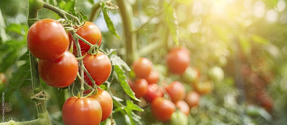 Poster a close up photo of fresh organic tomatoes growing on a vine at a local farm providing a background 