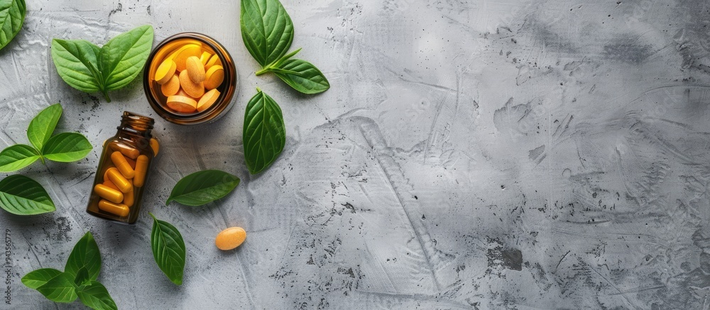 Poster Top view of a bottle containing pills and green leaves positioned on a concrete background with ample copy space image for text integration