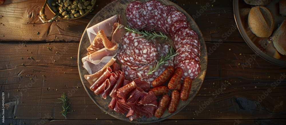 Poster A rustic top view image with a copy space background featuring a fresh assortment of salami prosciutto sausage and coppa on an appetizer plate