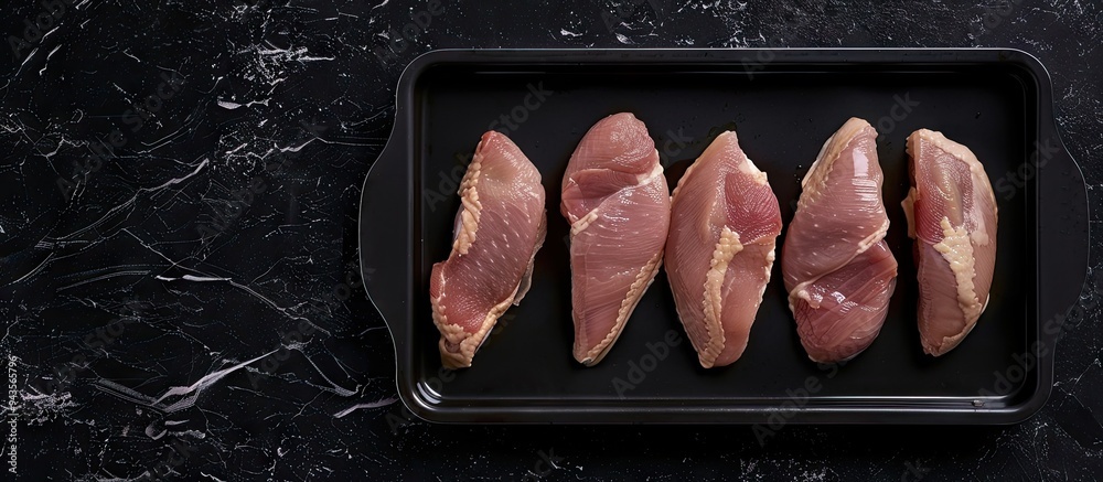 Poster a steel tray holds raw chicken breast fillet steaks with a black background seen from above with spa