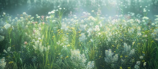 Obraz premium Summer nature with blooming white flowers in wild meadows mixed with grasses and wildflowers under sunlight forms a vibrant meadow of medicinal herbs and flowering plants It s a summer floral backdro