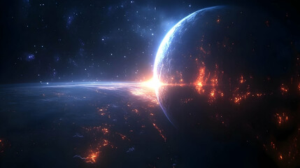 A distant planet with a blue atmosphere and fiery surface, viewed from space.