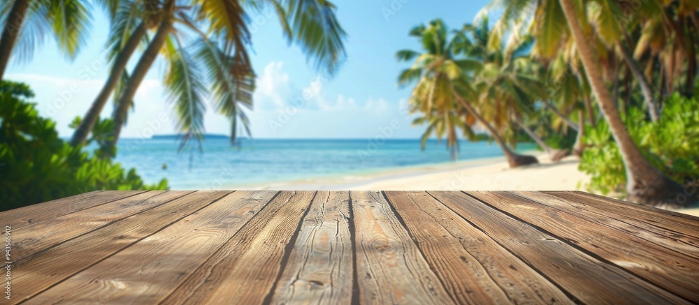 Poster empty wooden table in foreground against a blurry tropical beach backdrop with coconut palms ideal f