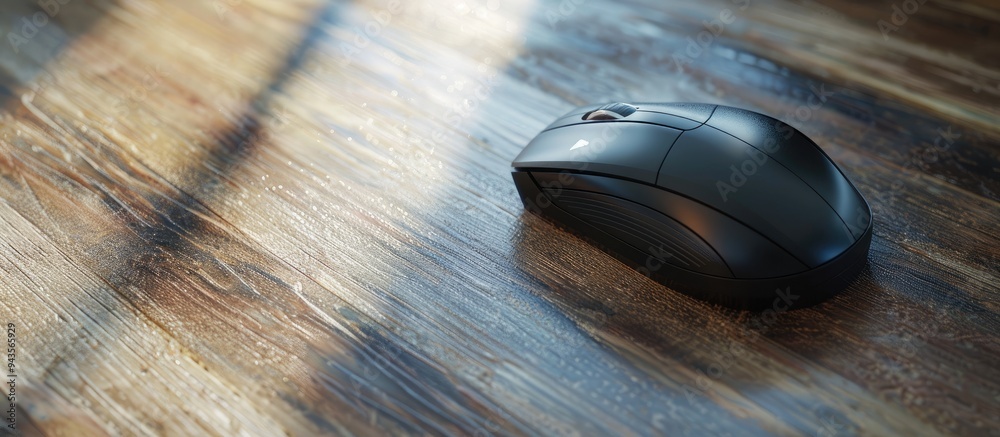 Poster close up of a wireless mouse on a lightly textured table with available copy space image