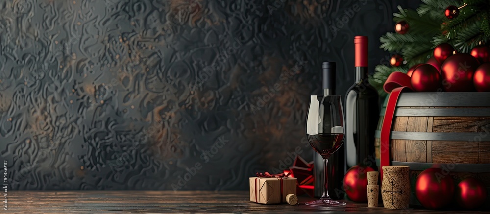 Poster On a table lie wine bottles a gift box barrel cork red Christmas balls and a backdrop perfect for messaging resembling a copy space image