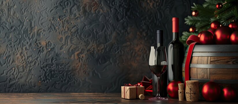 On a table lie wine bottles a gift box barrel cork red Christmas balls and a backdrop perfect for messaging resembling a copy space image - Powered by Adobe