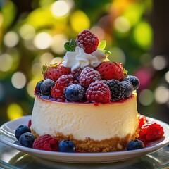 Creamy Cheesecake with Mixed Berries Topping and Whipped Cream on a Sunny Day