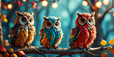 Fototapeta premium 3 colorful owlss on tree branch