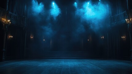A dramatic Dracula-themed stage backdrop with moody lighting, setting a dark and eerie atmosphere for a night performance.