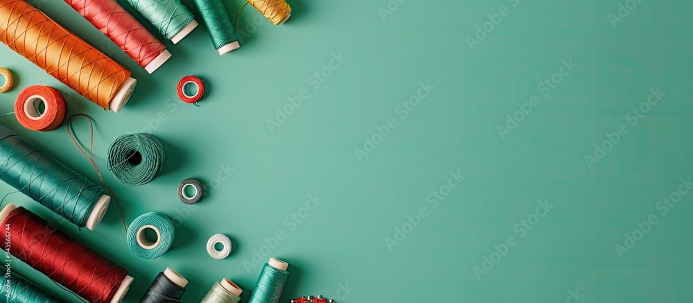 Aufkleber top view of sewing accessories and threads arranged on a green background leaving room for a copy sp