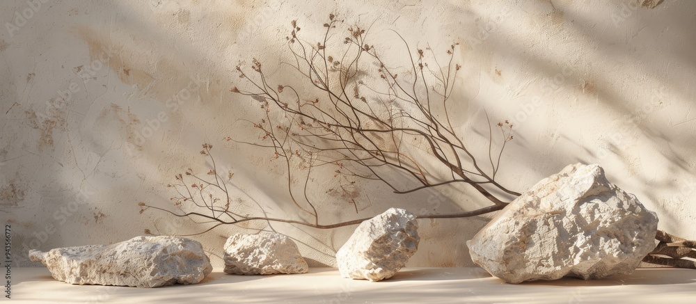 Aufkleber stone and dry branches in a natural setting on a beige background ideal for beauty products branding