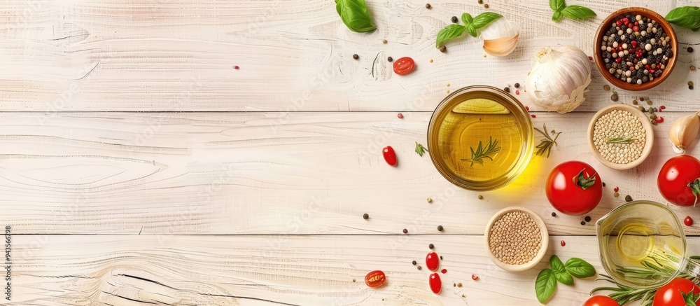 Poster View from above of various vegetarian items displayed on a bright wooden surface with ample copy space for text