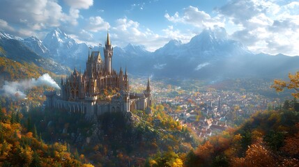 Majestic medieval castle on hilltop, bright blue sky with white fluffy clouds, lush green forest surroundings, mountain landscape, Gothic architecture.