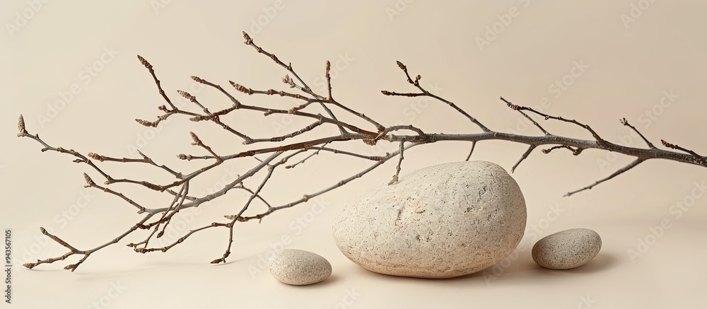 Aufkleber stone and dry branches in a natural setting on a beige background ideal for beauty products branding