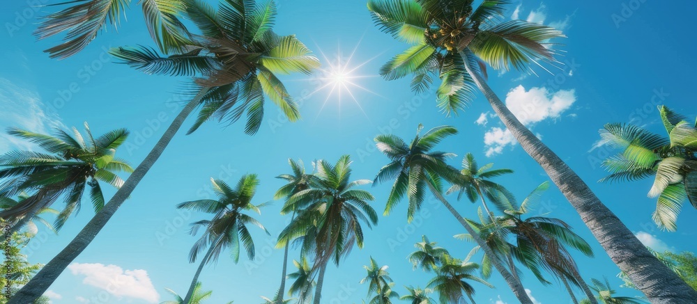Aufkleber low angle view of tropical coconut palm trees against a clear blue sky suitable as a copy space imag