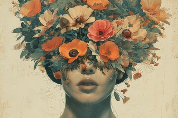 A creative artistic portrait blending a woman's face with flowers, creating a surreal and visually...