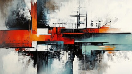 A dynamic abstract painting with architectural influences, combining sharp lines and shapes to create a unique visual experience.