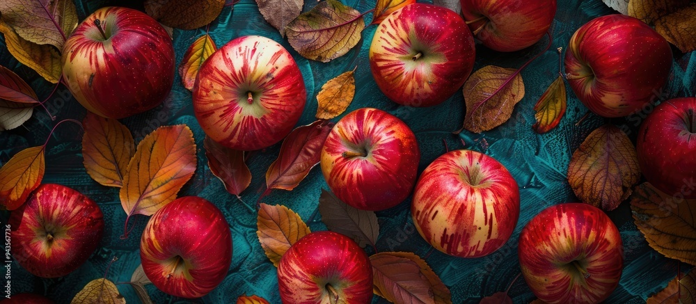 Aufkleber Top view of several red apples displayed on a colorful backdrop featuring an autumn themed arrangement An apple is shown from above with copy space image for designs or text