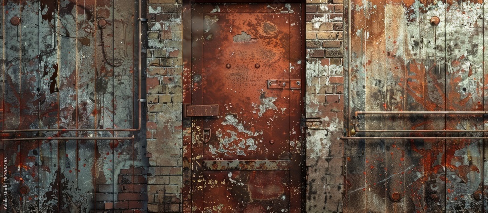 Poster A textured wallpaper with an industrial theme showcases a close up image of an old rusty garage gate in an abandoned warehouse setting offering ample copy space