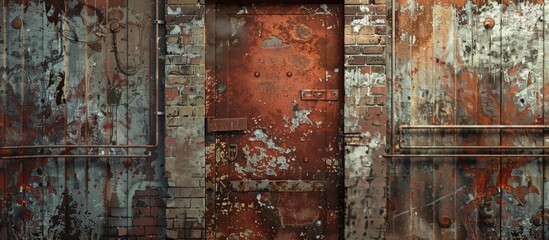 A textured wallpaper with an industrial theme showcases a close up image of an old rusty garage...