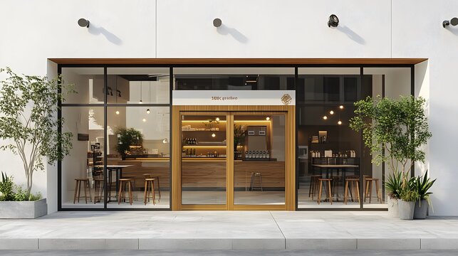 modern cafe storefront, white ceramic tile exterior, large glass windows, wooden double doors, outdoor seating area with high stools, potted plants.