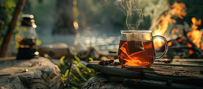 Campfire tea brewing in a rustic setting with a charming ambiance showcasing a tea bag steeped in hot water against a picturesque outdoor copy space image