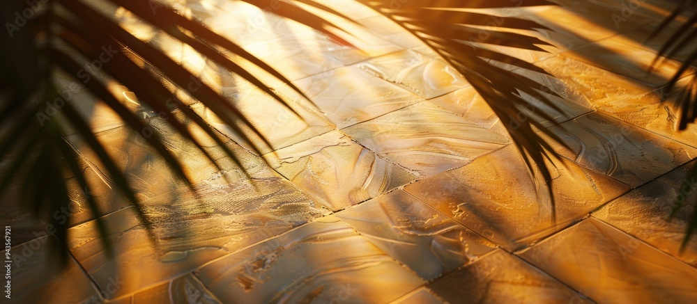 Poster morning sun creates a shadow of leaf on floor tiles with palm branches offering a high quality photo