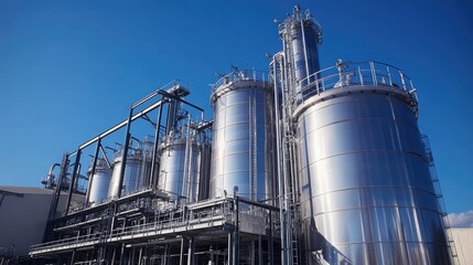 A factory refinery with large silos and complex piping, showcasing the industrial architecture and engineering.