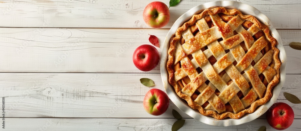 Poster apple pie in a baking dish with ingredients set on a white wooden background providing a beautiful c