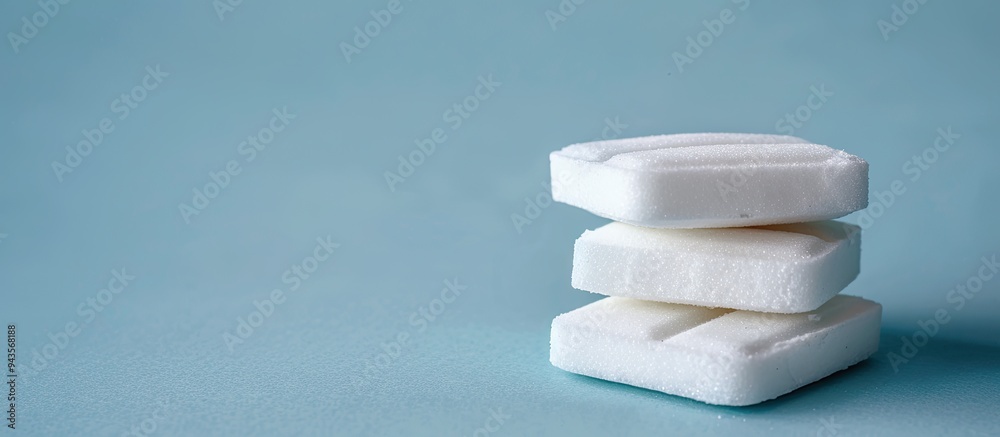 Aufkleber A stack of sugar substitute tablets on a blue backdrop with room for a copy space image serving as an alternative to traditional sugar
