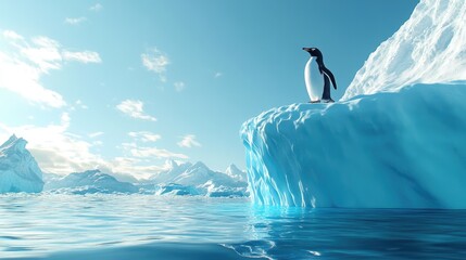 Obraz premium A Gentoo penguin stands atop an iceberg in the Antarctic waters, with a clear sky overhead, capturing the majesty and tranquility of the polar environment.