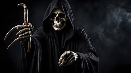 Grim Reaper Holding Jack-o'-Lantern in Dark Spooky Halloween Scene with Black Hooded Death Figure