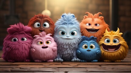 group of cute funny monster in a raw.