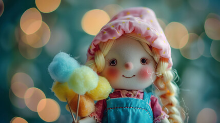 Fototapeta premium Diorama of a Kid in Casual Outfit Holding Colorful Cotton Candy Happily, Bokeh Background